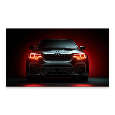 Front-facing view of a black BMW M5 sports car with red ambient lighting on a dramatic canvas print