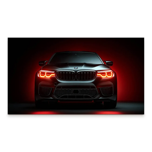Front-facing view of a black BMW M5 sports car with red ambient lighting on a dramatic canvas print