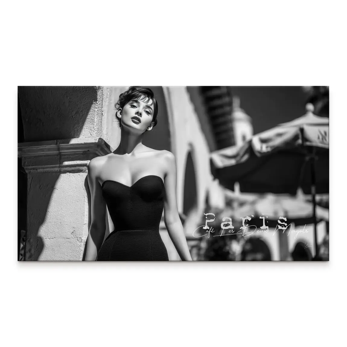Landscape portrait of an Audrey Hepburn-inspired woman in a Paris cafe backdrop on a black-and-white canvas print