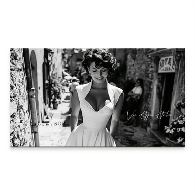 Black-and-white portrait of Sophia Loren in a vintage dress strolling a historic Rome street with Via Appia Antica and Italia ROM visible