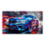 Blue BMW M2 abstract canvas with neon red, orange and pink light trails over a dark cityscape.