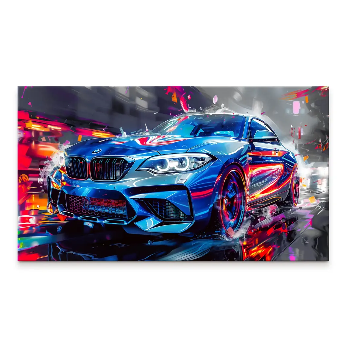 Blue BMW M2 abstract canvas with neon red, orange and pink light trails over a dark cityscape.