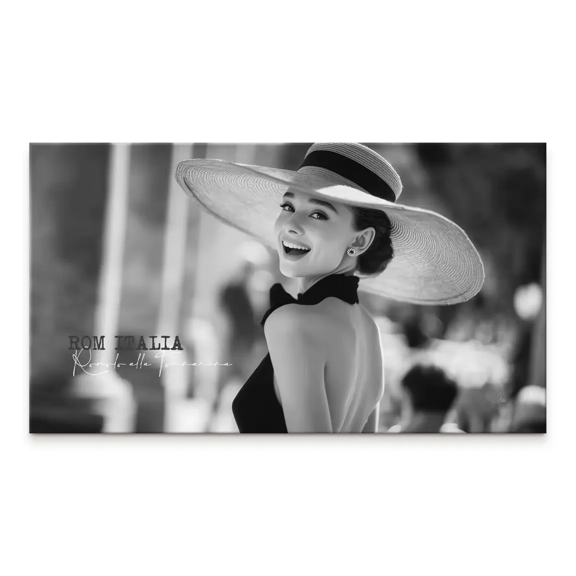 Audrey Hepburn black-and-white portrait on canvas with a soft Roman background and ROM ITALIA text