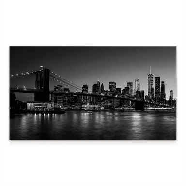 Black-and-white canvas print of Manhattan skyline with Brooklyn Bridge at dusk