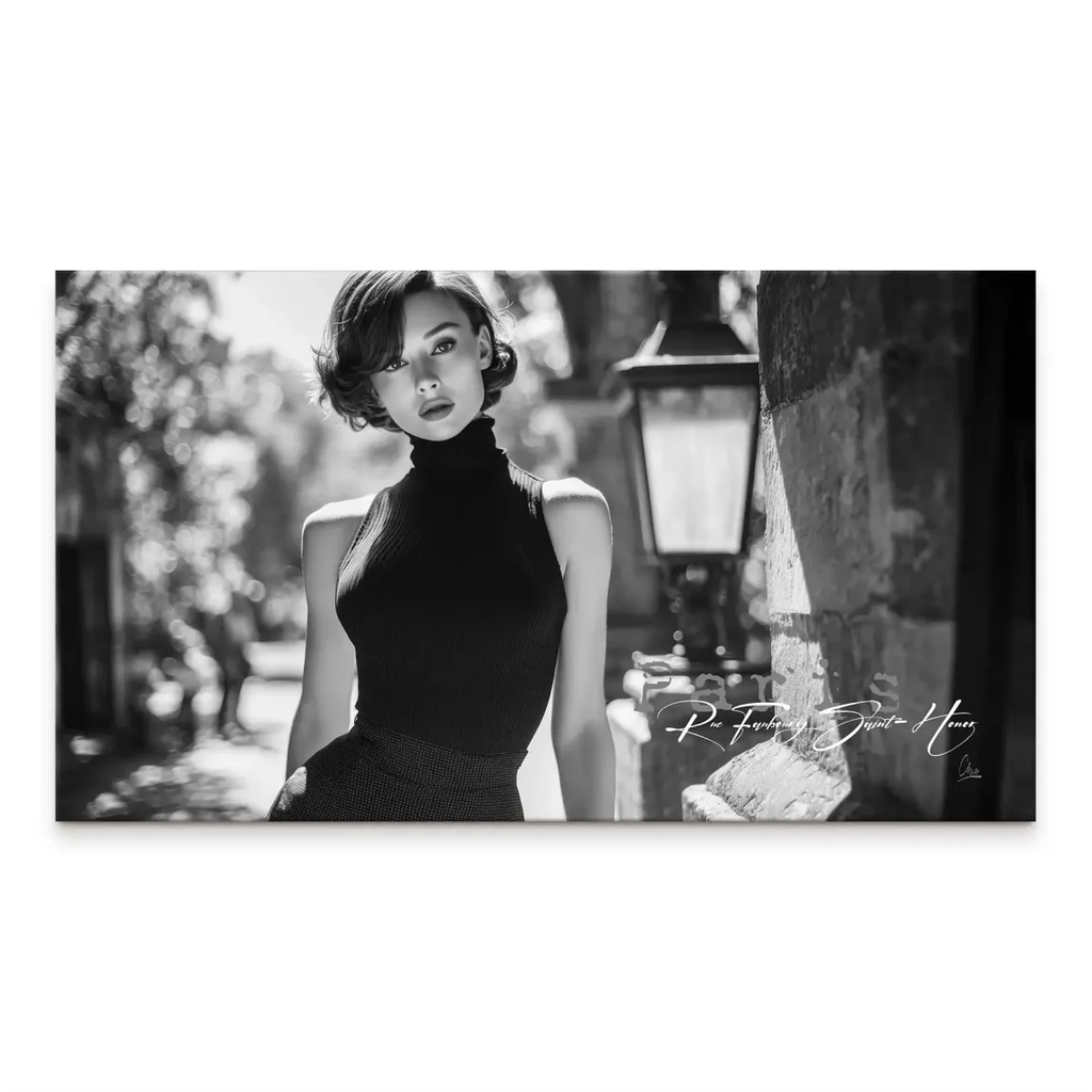 Black and white canvas featuring a Parisian-inspired elegant woman in a chic turtleneck.