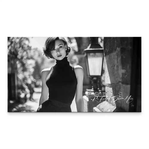 Black and white canvas featuring a Parisian-inspired elegant woman in a chic turtleneck.