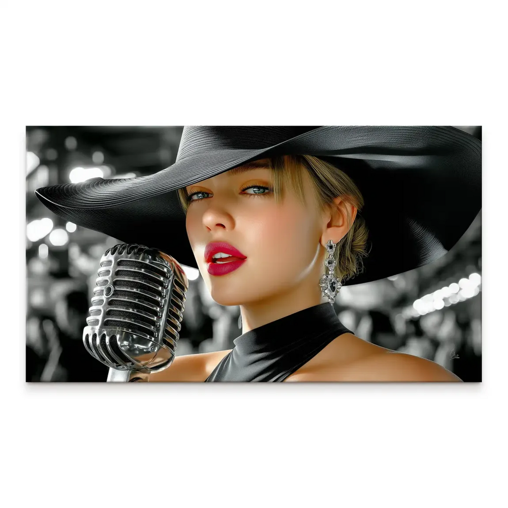 Midnight Jazz canvas print featuring a glamorous woman with a wide-brim black hat and vintage microphone in a film noir setting.