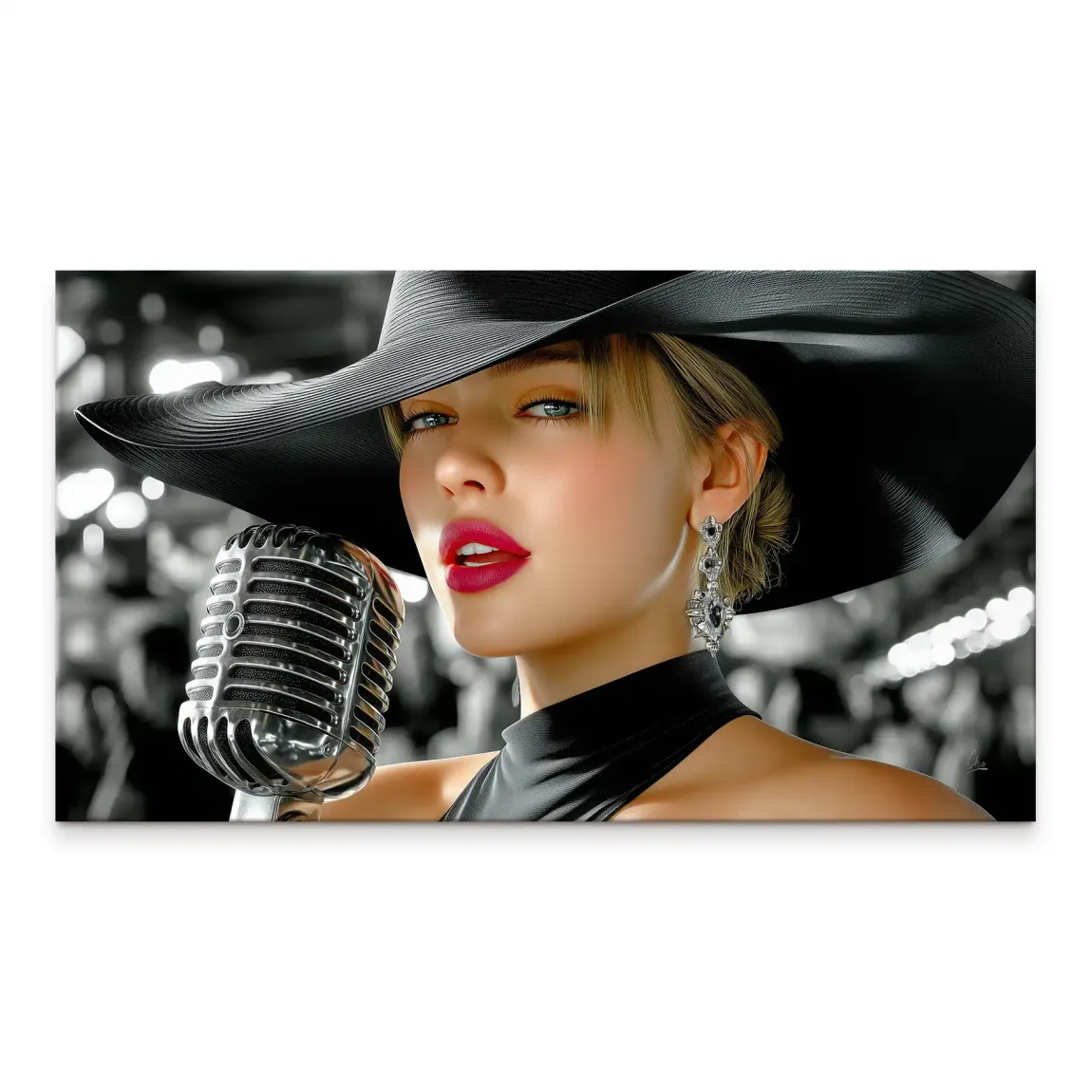 Midnight Jazz canvas print featuring a glamorous woman with a wide-brim black hat and vintage microphone in a film noir setting.
