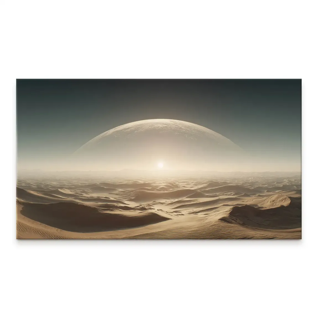 Endless Light Canvas Picture: sci-fi desert landscape with a glowing horizon and alien moon-like planet in a teal sky on canvas wall art