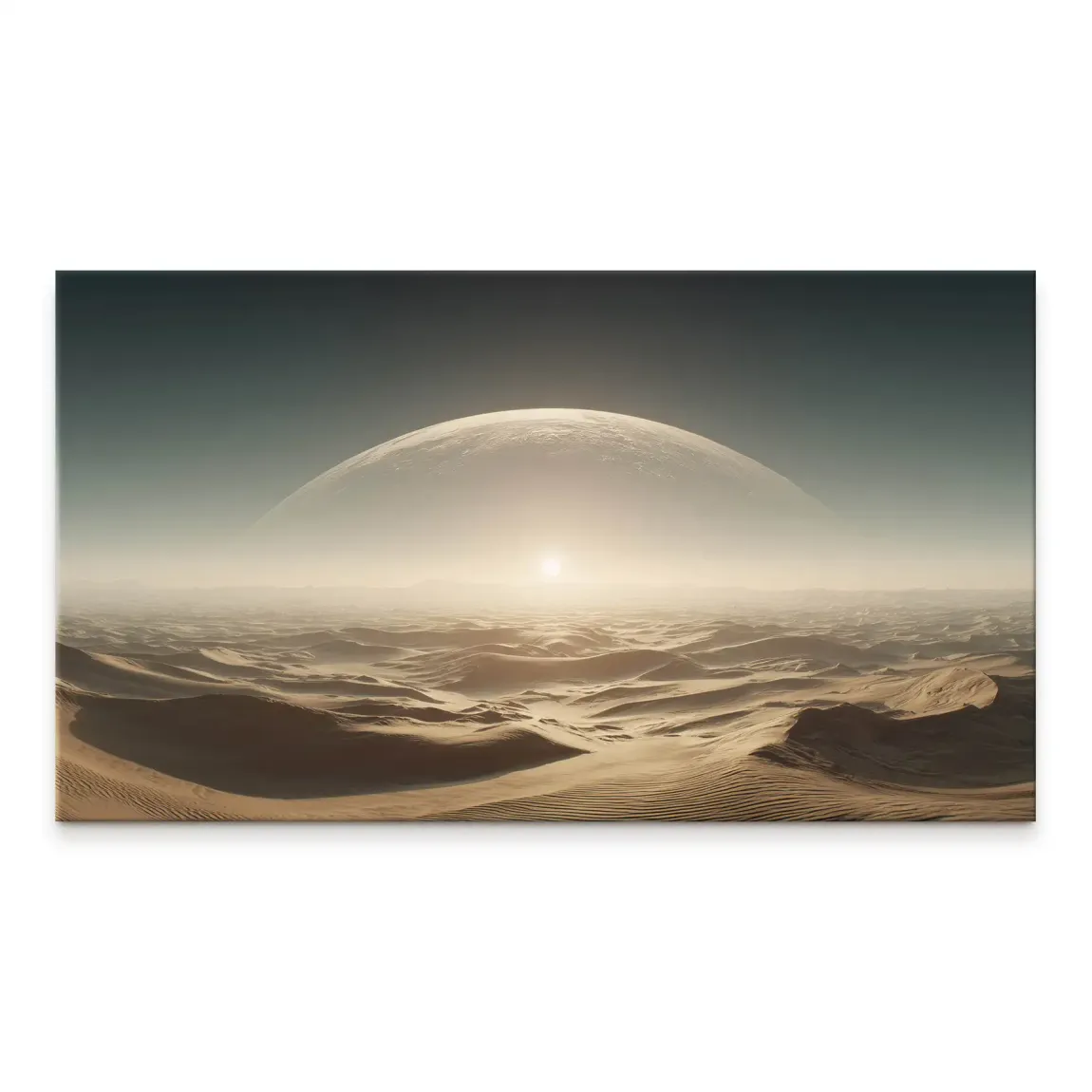 Endless Light Canvas Picture: sci-fi desert landscape with a glowing horizon and alien moon-like planet in a teal sky on canvas wall art