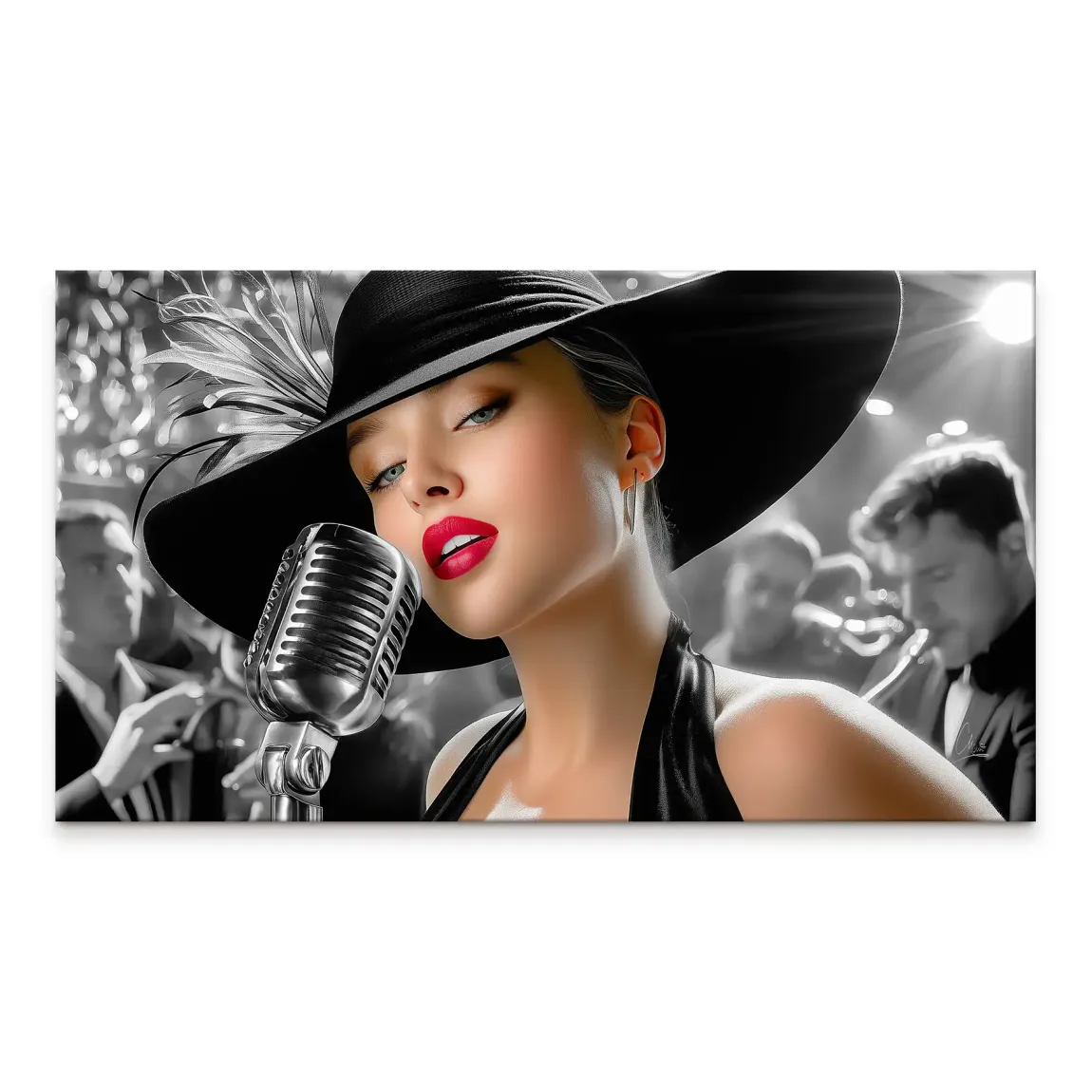 Glamorous woman jazz singer in vintage club with red lips and blue eyes in monochrome setting