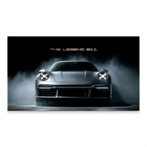 Silver Porsche 911 canvas print centered on a dark smoky background with bright headlights and THE LEGEND 911 typography.