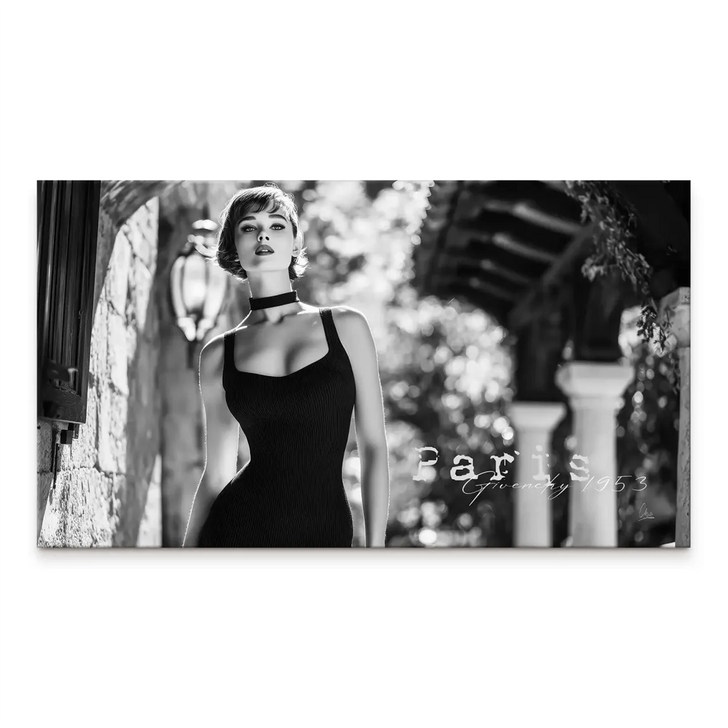 Black and white Audrey Hepburn-inspired fashion portrait on canvas with Paris street backdrop