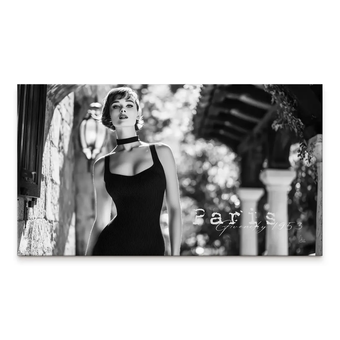 Black and white Audrey Hepburn-inspired fashion portrait on canvas with Paris street backdrop