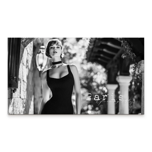 Black and white Audrey Hepburn-inspired fashion portrait on canvas with Paris street backdrop