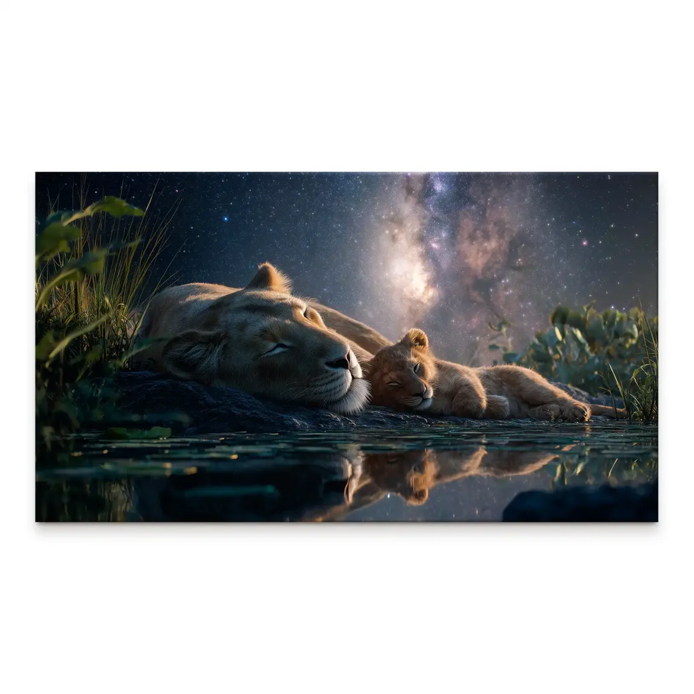 Sleeping lioness and cub by a tranquil water under a starry night sky with a galaxy in blue and purple hues and warm golden fur.