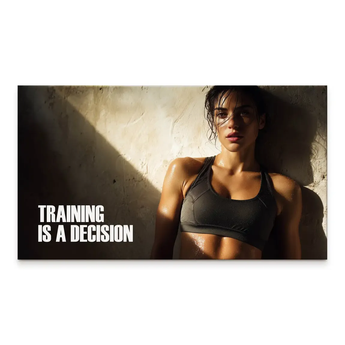 Close-up of a determined woman in a sports bra leaning against a textured wall on a motivational canvas wall art