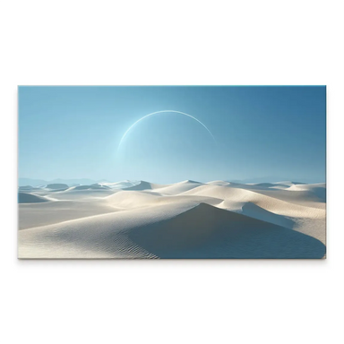 White desert dunes stretching into the distance under a pale blue sky with a glowing arc overhead