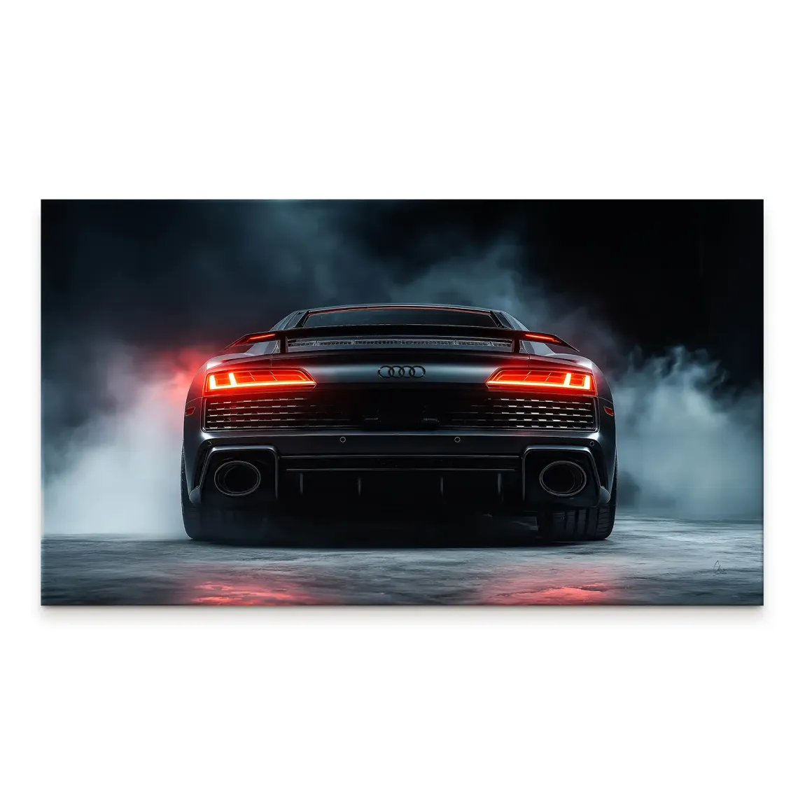 Audi R8 Dark Side canvas print from a low rear view showing a black sports car with red taillights