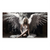 Portrait of a blonde woman with large white angel wings against a dark brick wall