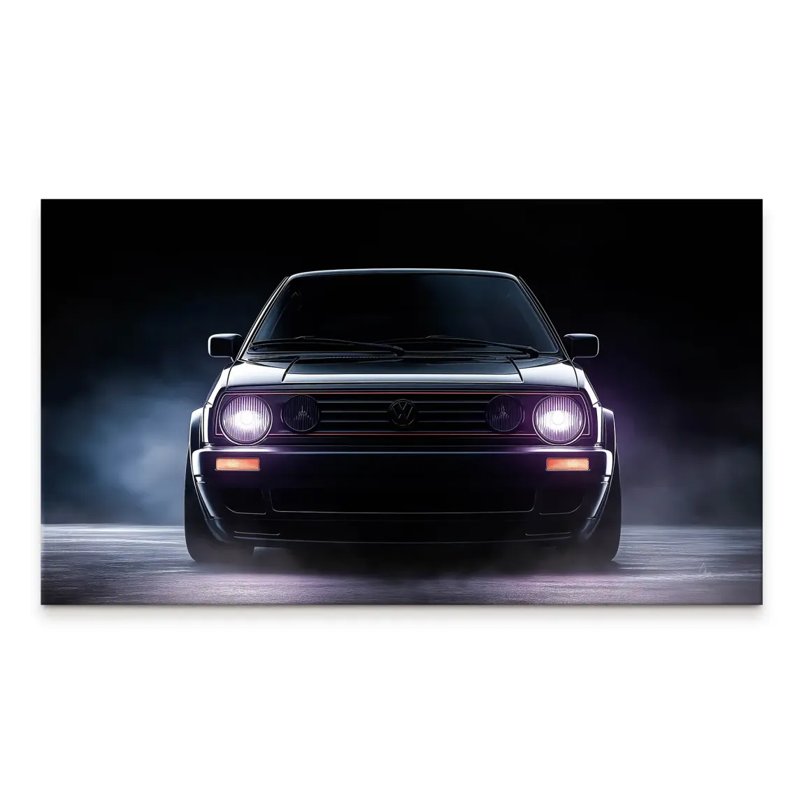 Front-on view of a black VW Golf old-school canvas print against a smoky dark background with purple-magenta headlights.