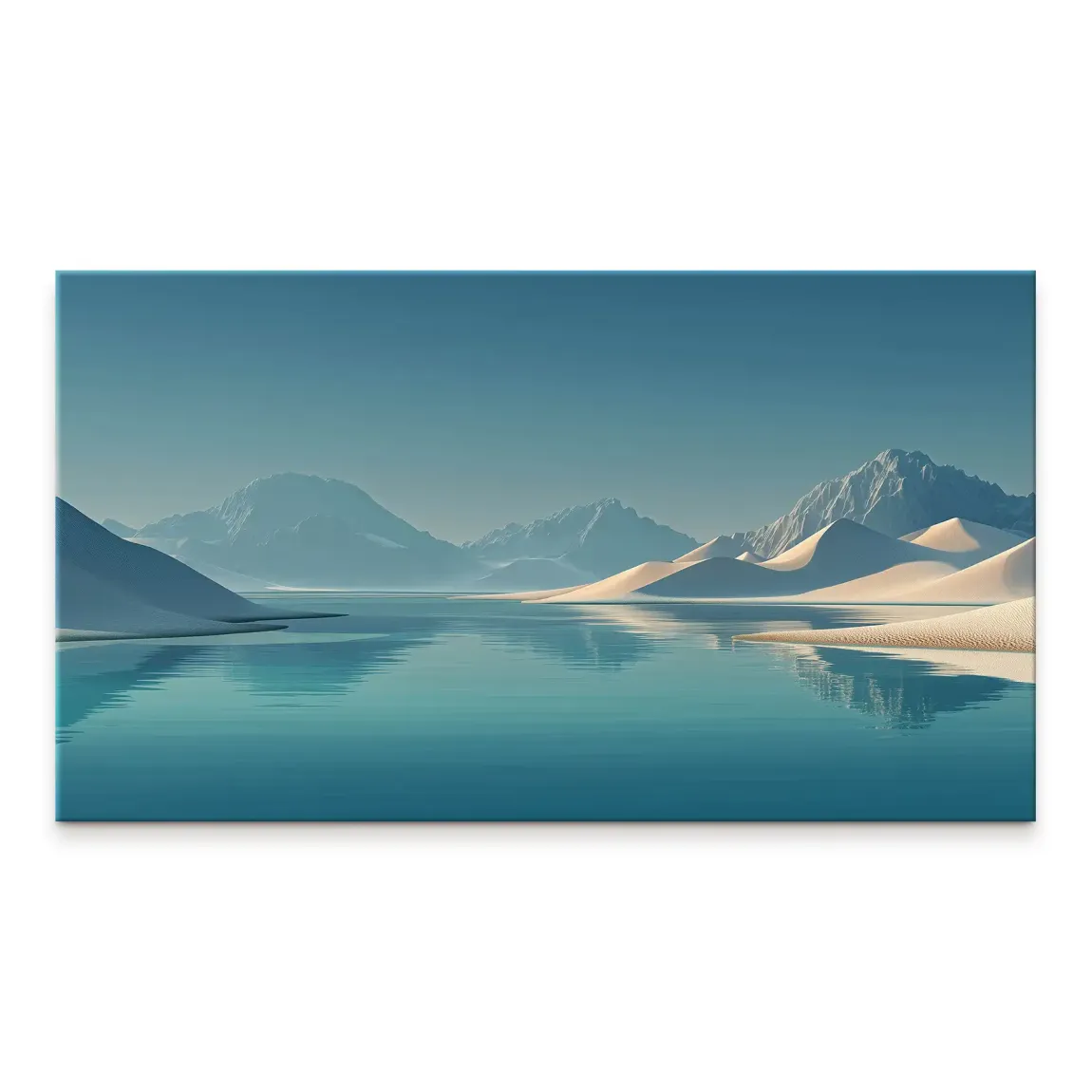 Desert Silence canvas print with teal water reflecting a pale sky and distant blue-grey mountains.