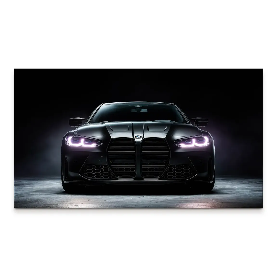 Sleek black BMW M4 sports car head-on with purple-pink LED headlights in a moody backdrop