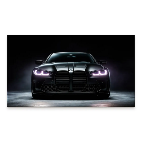 Sleek black BMW M4 sports car head-on with purple-pink LED headlights in a moody backdrop