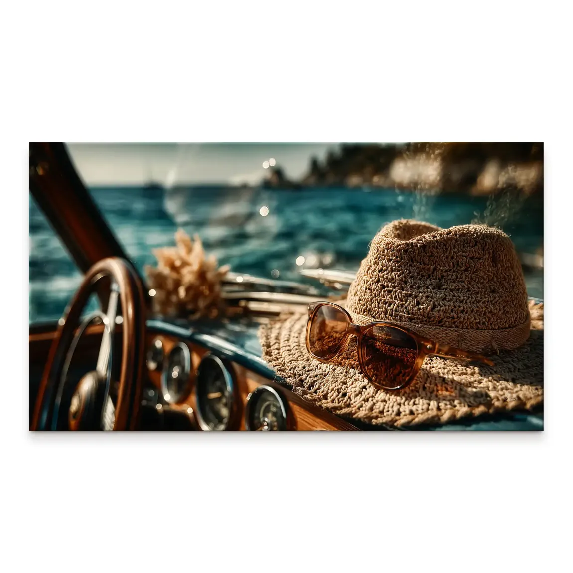 Best Moments canvas print showing straw hat and sunglasses on a boat dashboard with ocean and coastline in the background