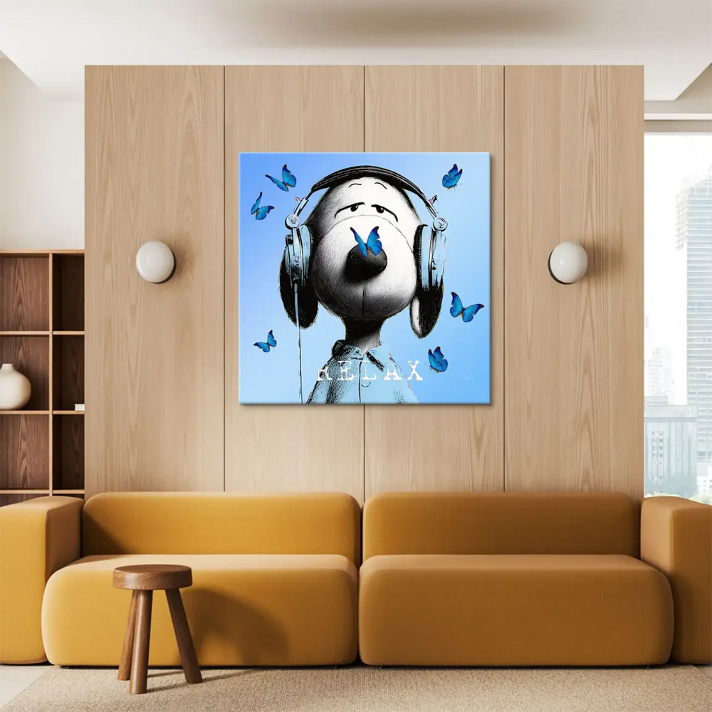 Snoopy wearing headphones with butterflies resting on his nose on a light blue canvas