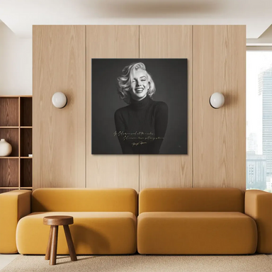 Close-up Marilyn Monroe portrait on canvas in monochrome showcasing classic Hollywood glamour.