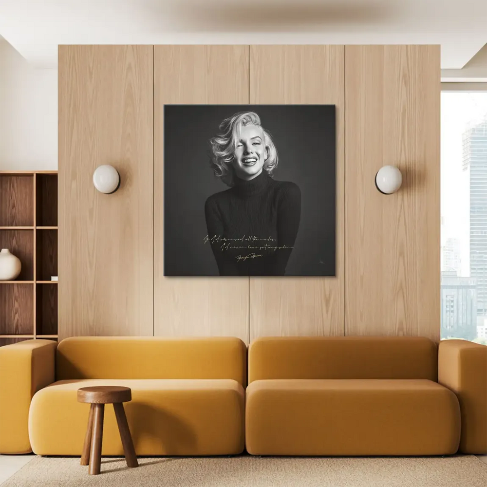 Close-up Marilyn Monroe portrait on canvas in monochrome showcasing classic Hollywood glamour.