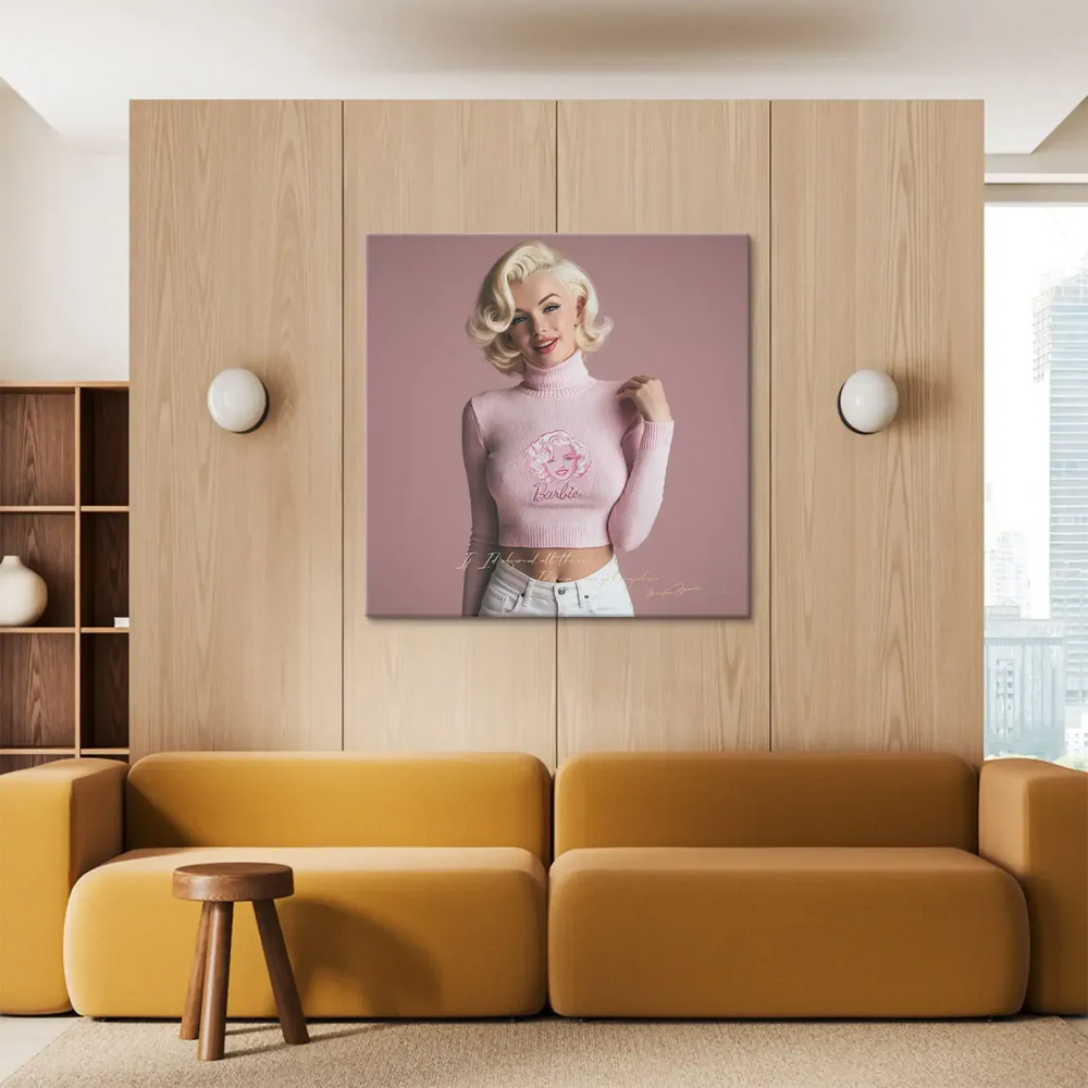 Close-up of pink turtleneck with Barbie logo in retro celebrity portrait