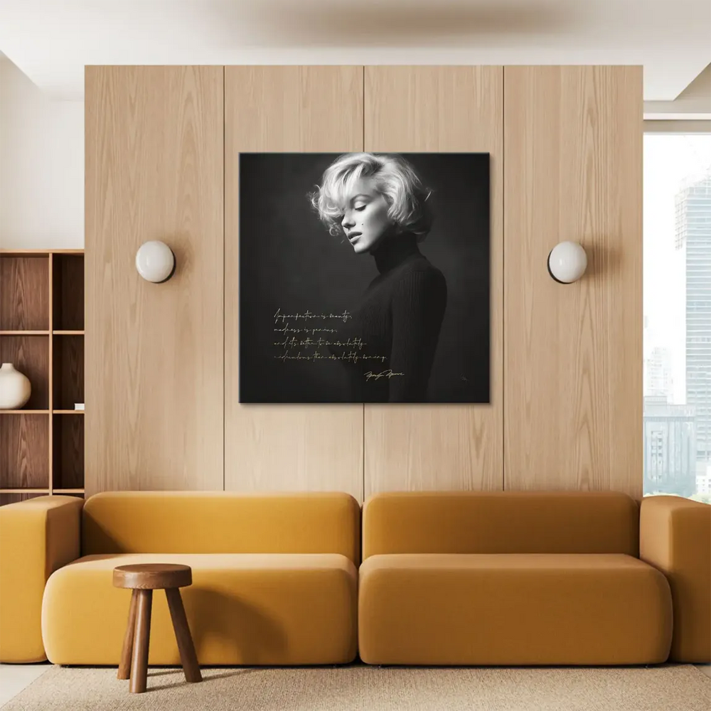 Vintage Hollywood glamour canvas wall art featuring Marilyn Monroe, a monochrome portrait suitable for living rooms or studies.