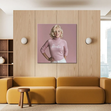 Waist-up portrait of Marilyn Monroe in Barbie-inspired pink sweater on a soft pink canvas.