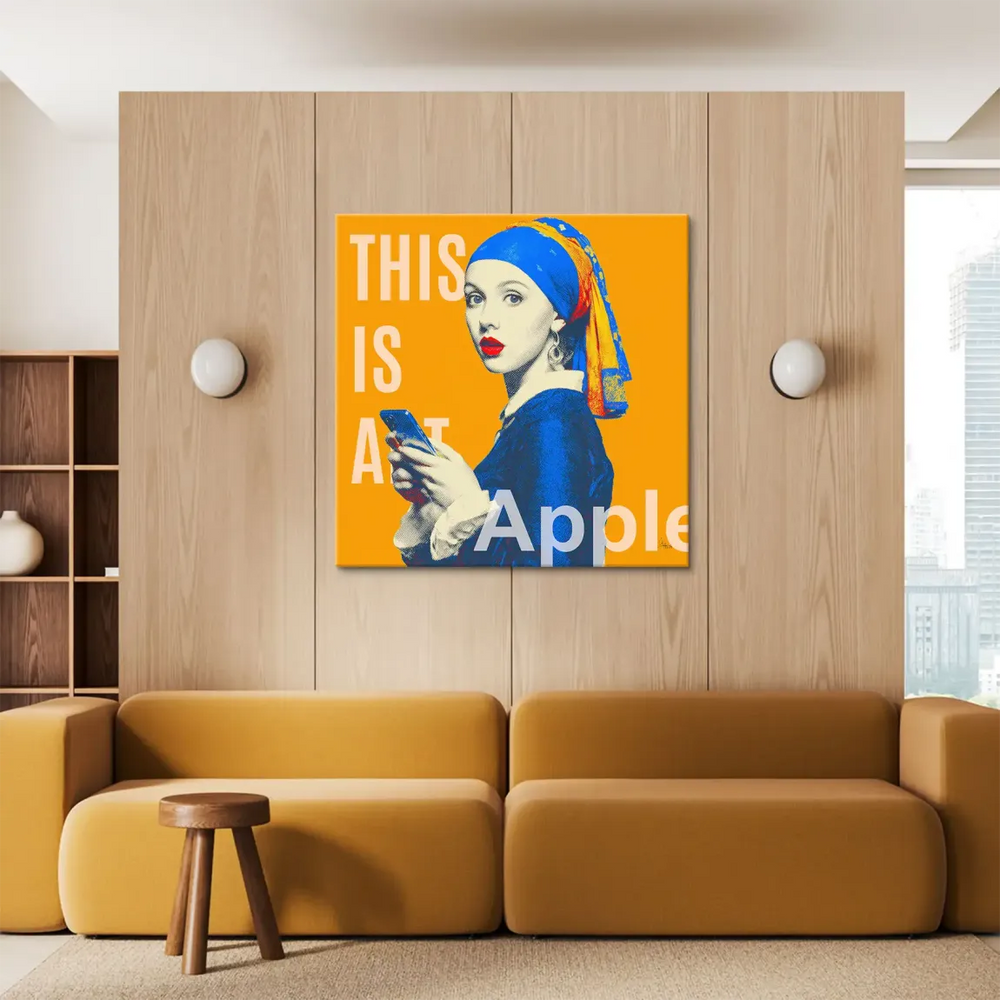Vermeer inspired pop art portrait of a woman holding a smartphone