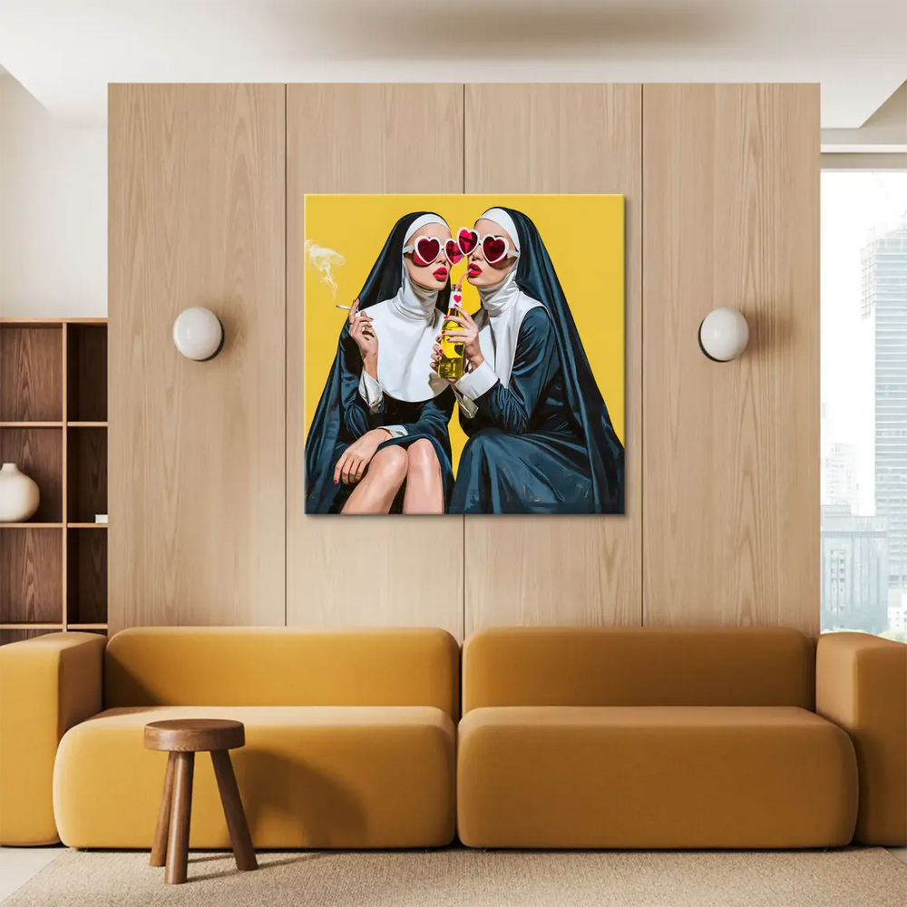 Second nun sipping from a gold bottle through a pink straw.