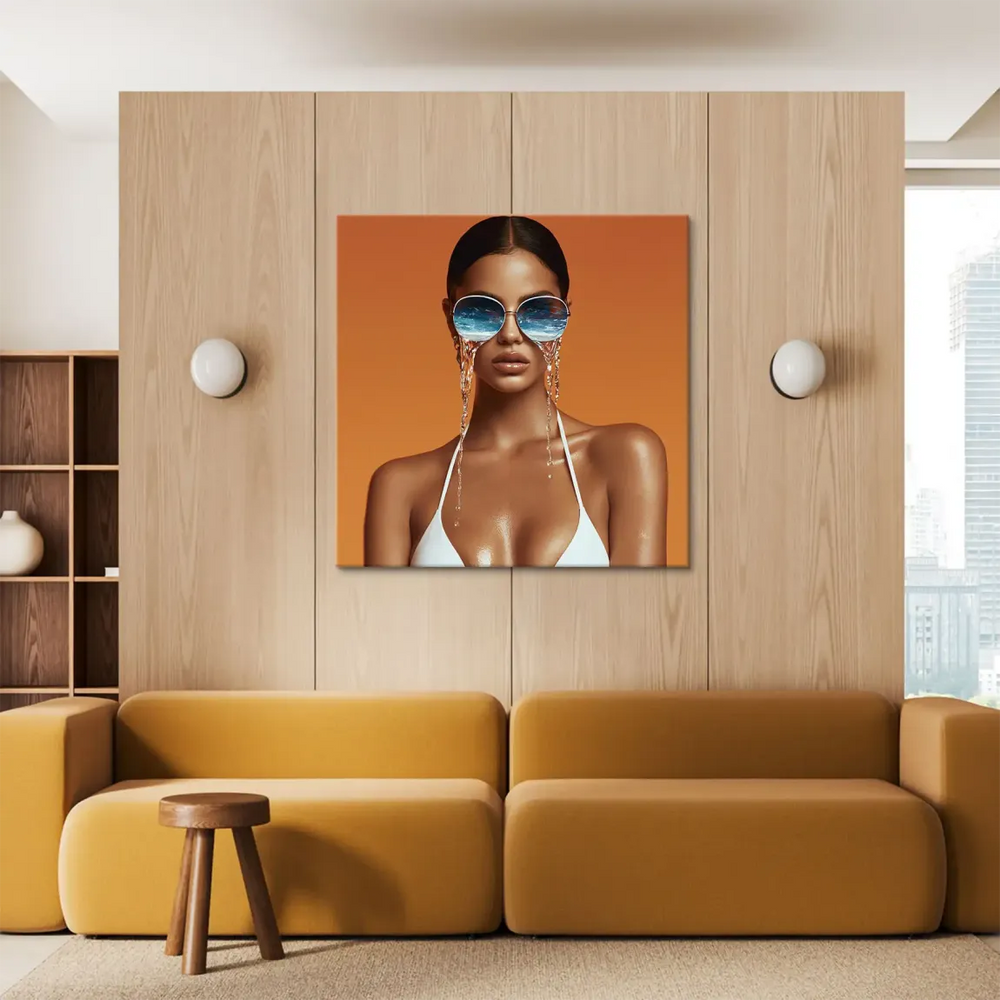 Square-format canvas art with a warm orange background and a surreal melt effect from the glasses.