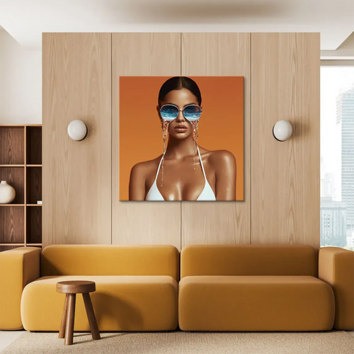 Square-format canvas art with a warm orange background and a surreal melt effect from the glasses.