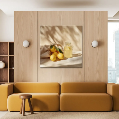 Minimalist still life featuring lemons, greenery, and beige fabric