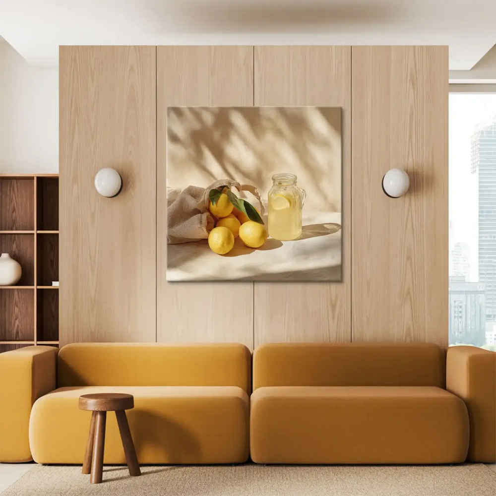 Minimalist still life featuring lemons, greenery, and beige fabric
