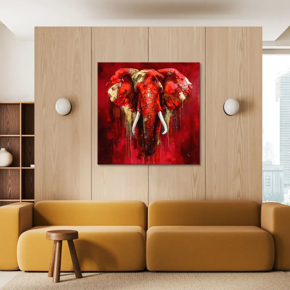 Front-facing red elephant head in abstract expressionist style on canvas
