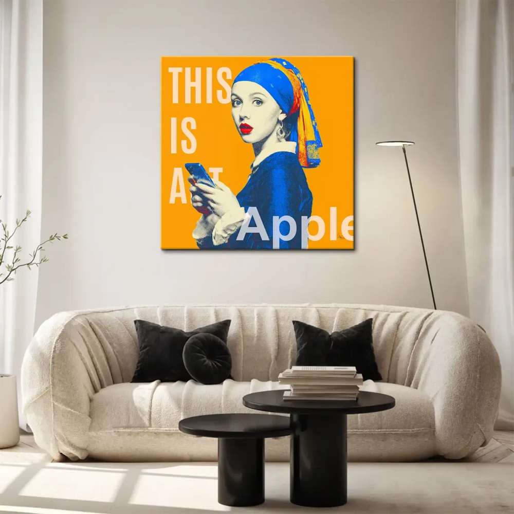 Halftone style wall art with electric blue and yellow clothing