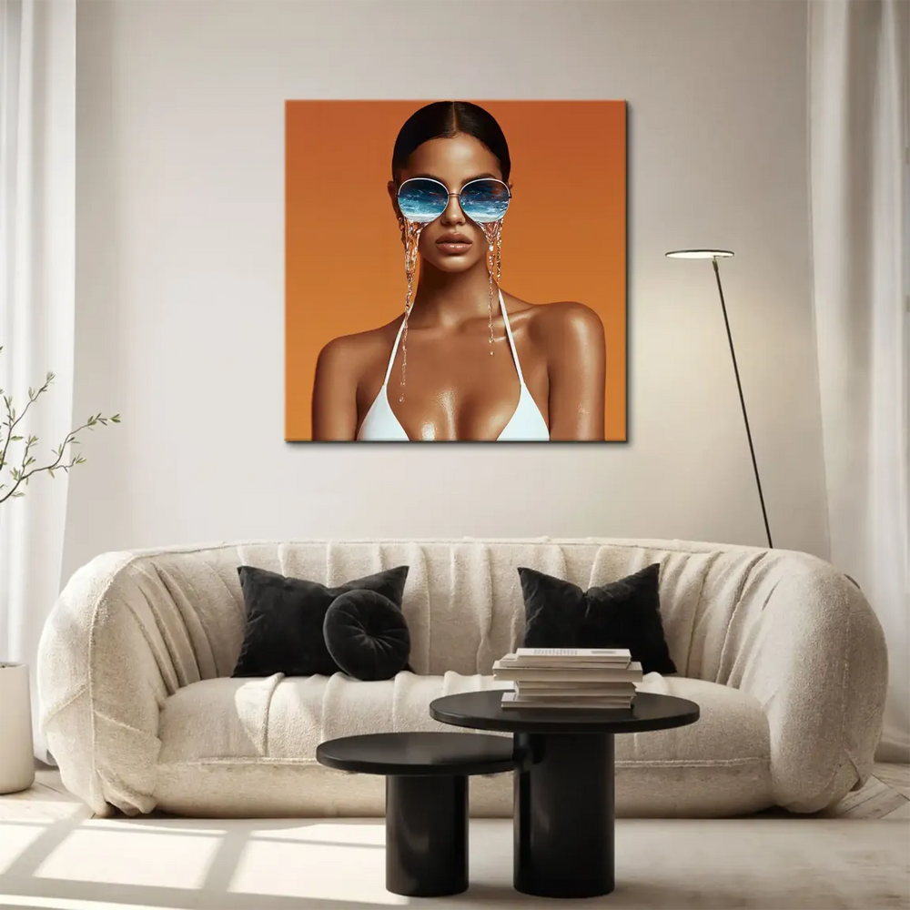 Glamorous fashion-forward wall art combining ocean imagery with dreamlike surrealism.