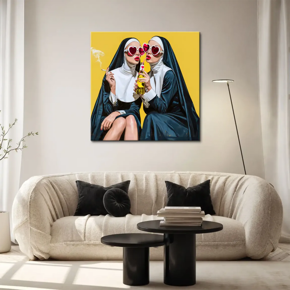 One nun wearing a navy habit and bold red lipstick.