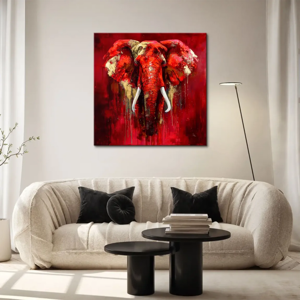 White elephant tusks against deep red background with gold drip accents