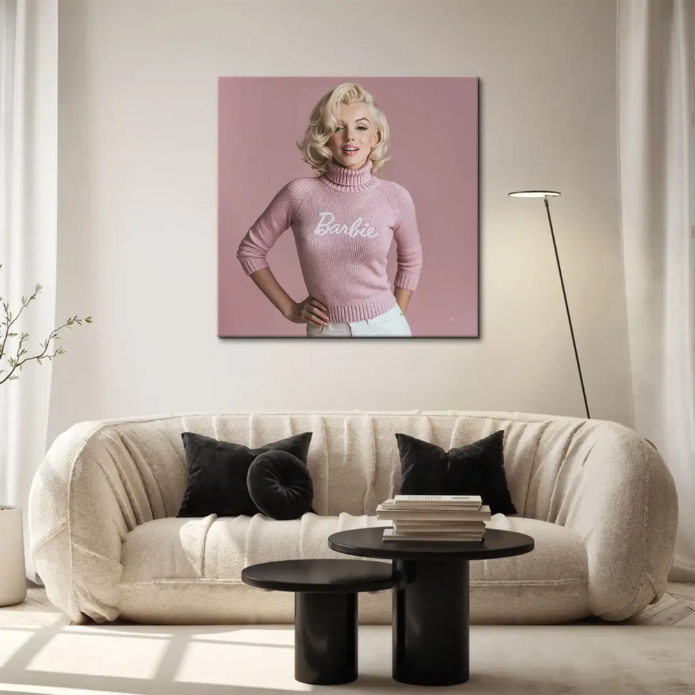 Barbie embroidery on a light pink turtleneck worn by Marilyn Monroe in the artwork.