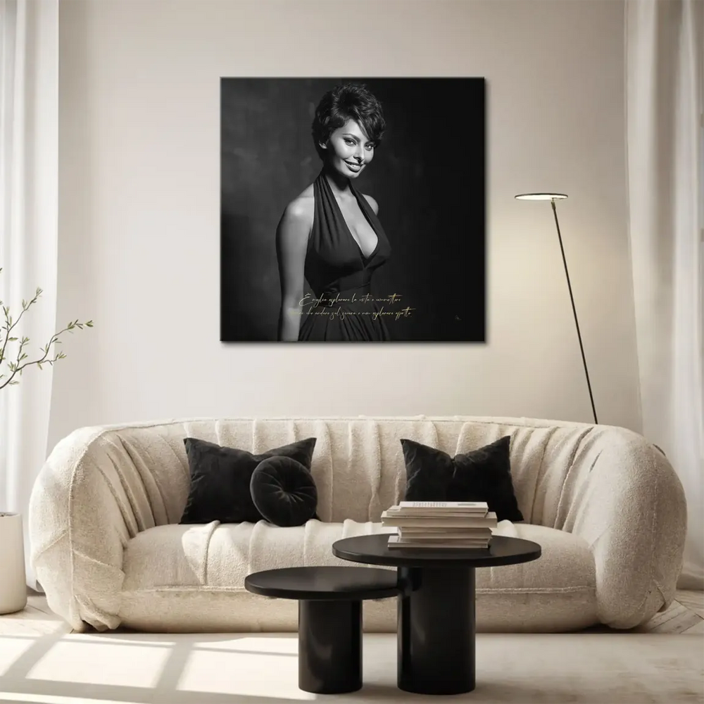 Square canvas wall art with a timeless fashion portrait and gold script