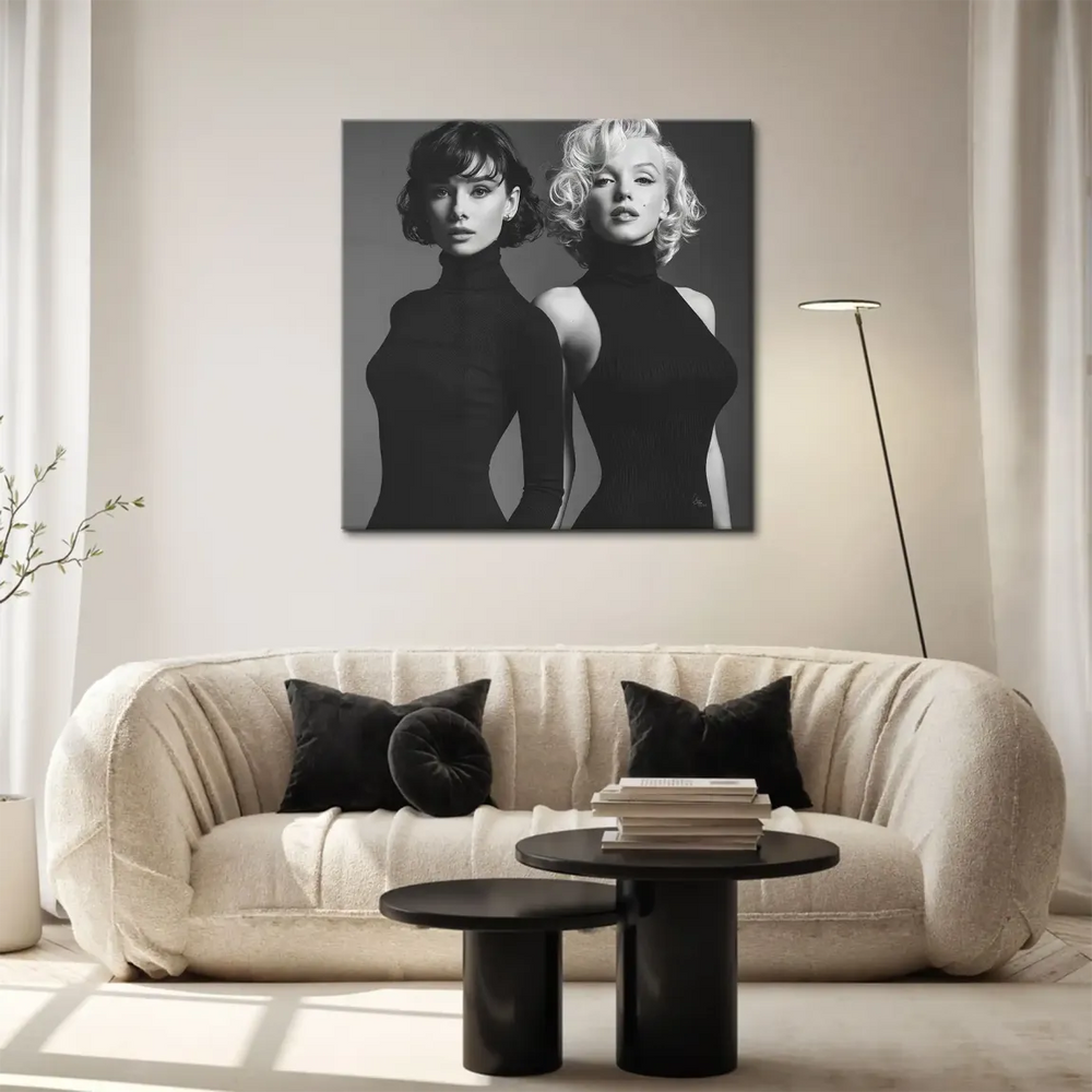 Elegant monochrome artwork of two iconic film stars in a high-contrast portrait.