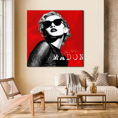 Madonna wearing sunglasses in a pop-art style portrait